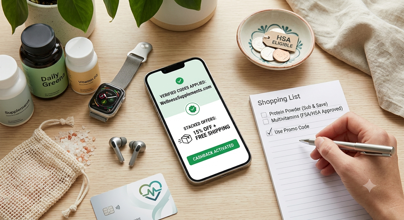 A flat-lay arrangement of health supplements, a smart fitness watch, and a phone displaying discount promo codes next to a shopping list.